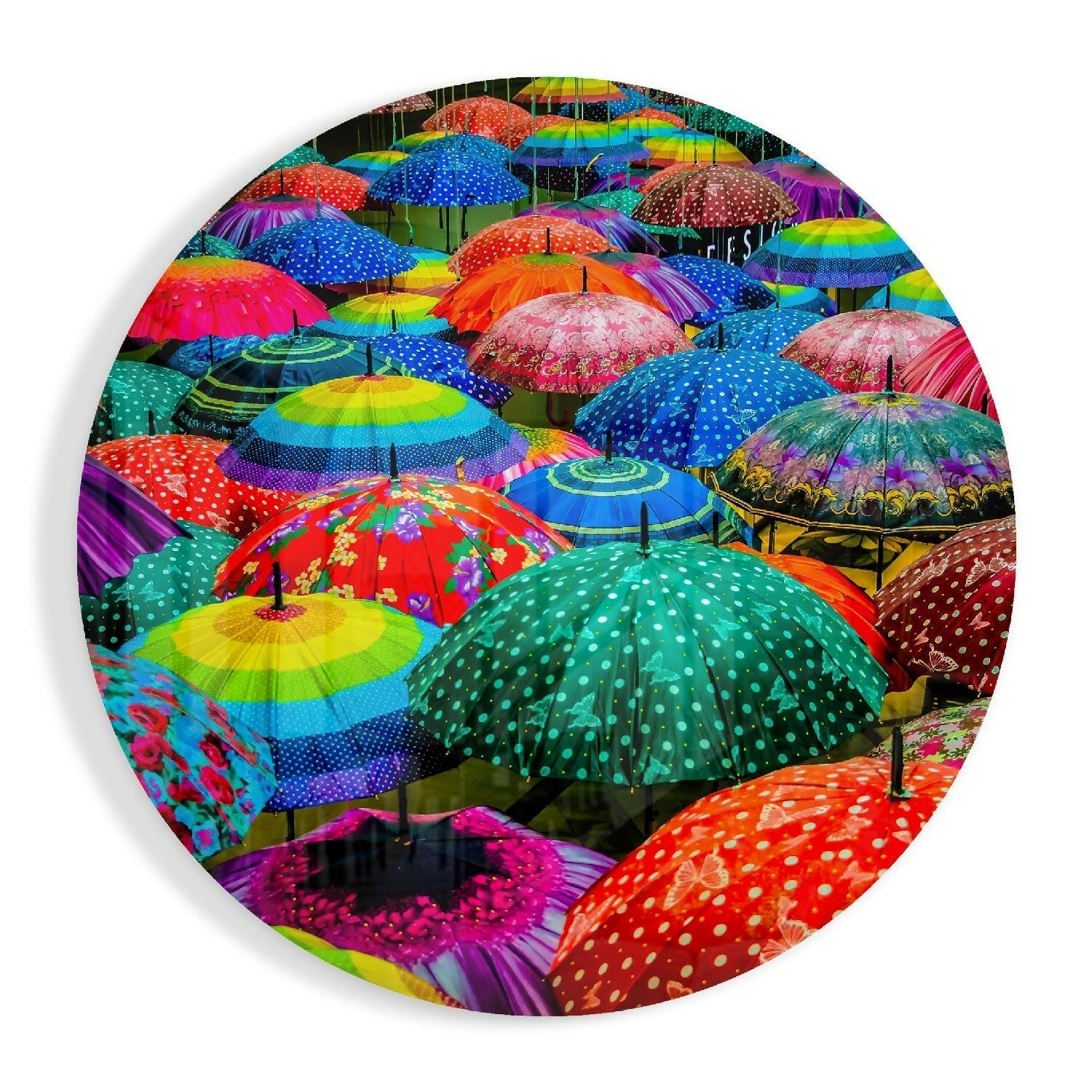 Polka Dot Rainbow Umbrellas glass wall art print in high-gloss tempered glass