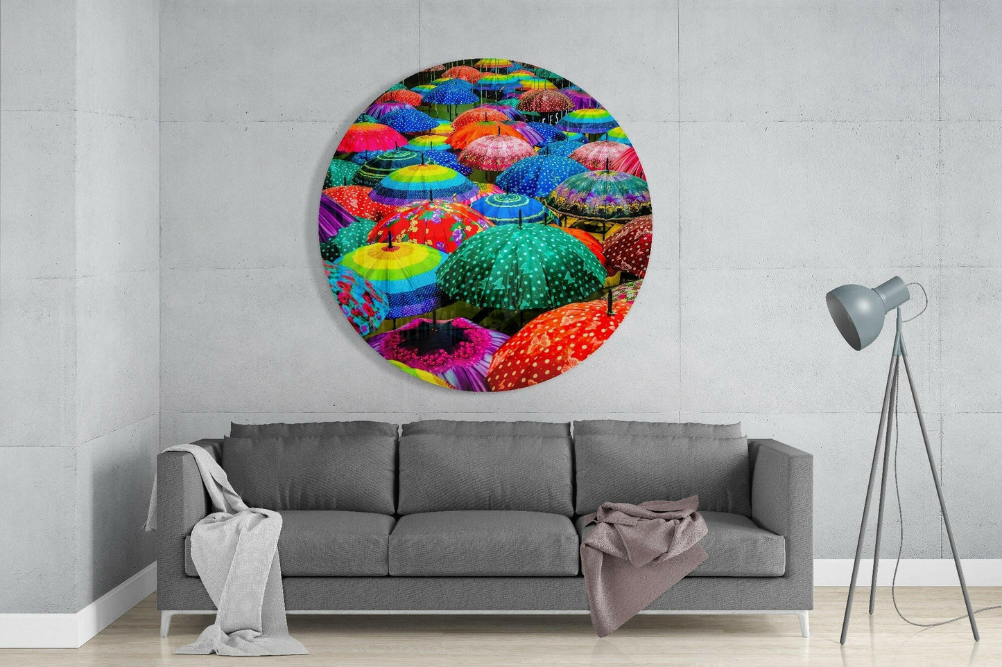 Polka Dot Rainbow Umbrellas Glass Wall Art