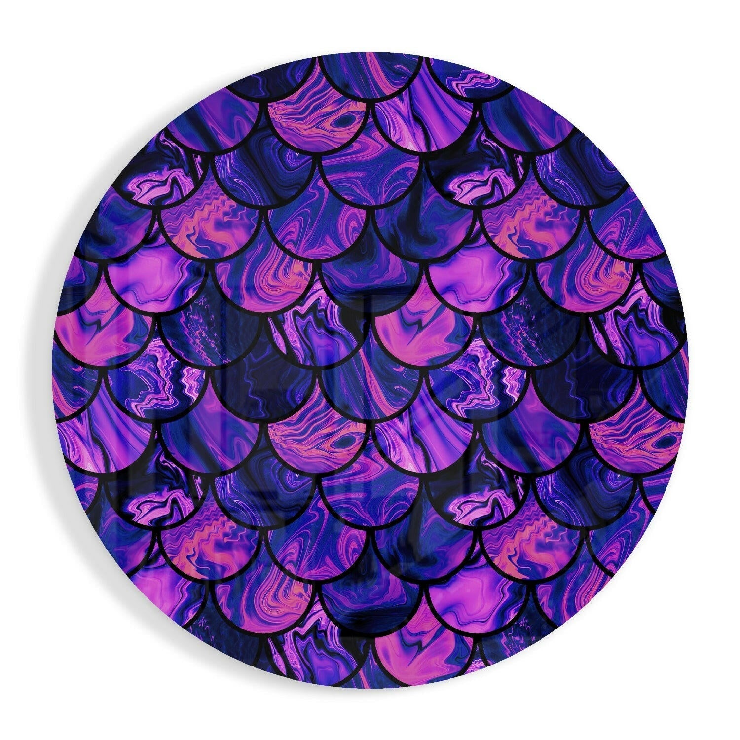 Purple Pink Mermaid Scales glass wall art with iridescent scale pattern