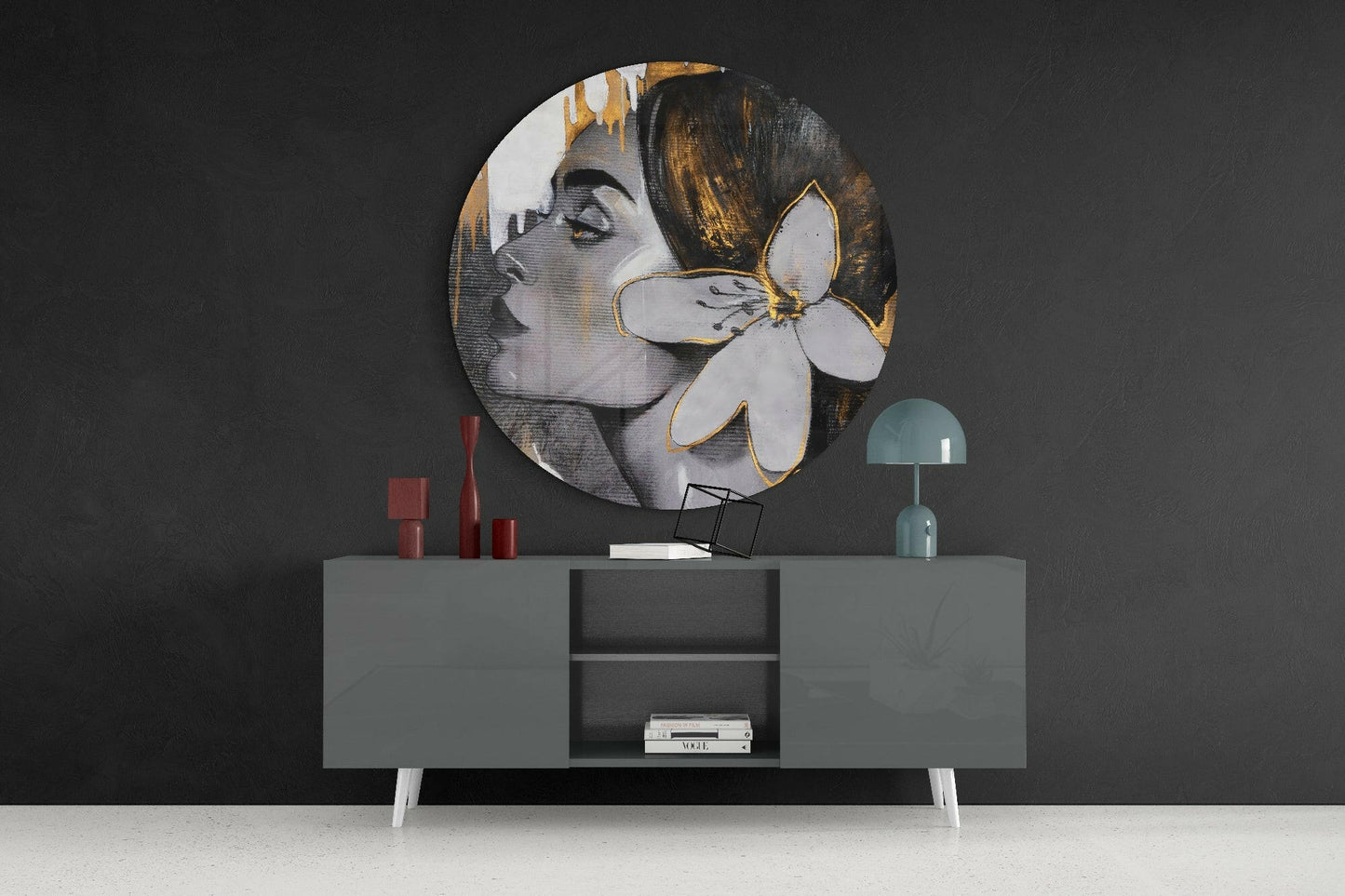 Gold Drip Profile Lily Woman Glass Wall Art