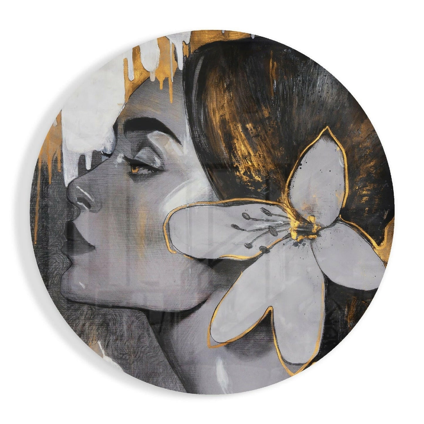 Gold drip profile lily woman glass wall art