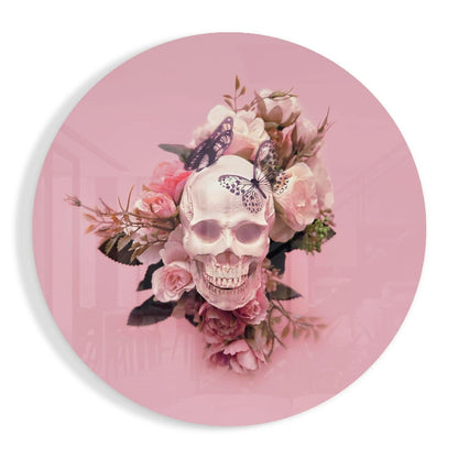 Pink roses butterfly skull glass wall art