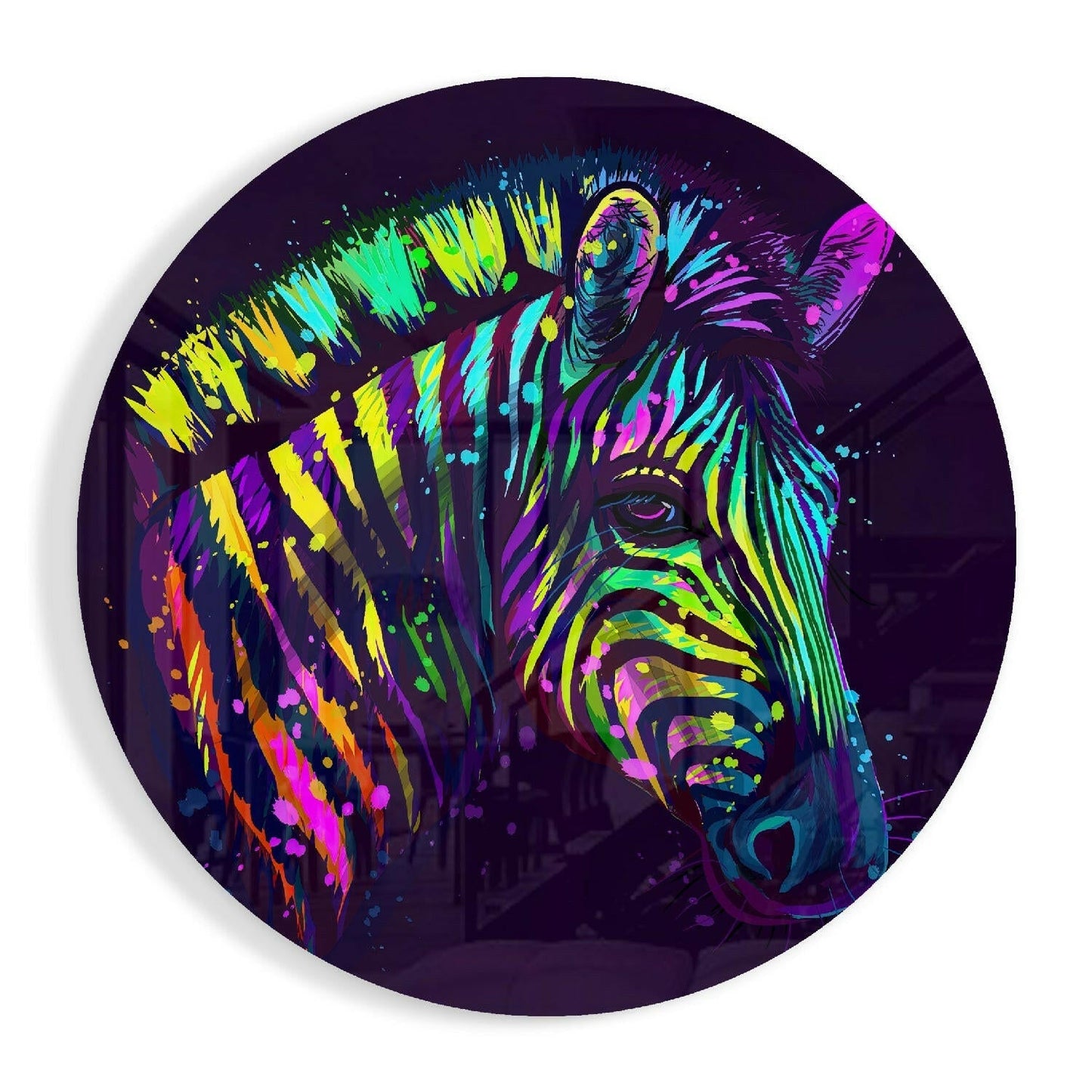 Rainbow Zebra Paint Drips glass wall art print in high-gloss tempered glass