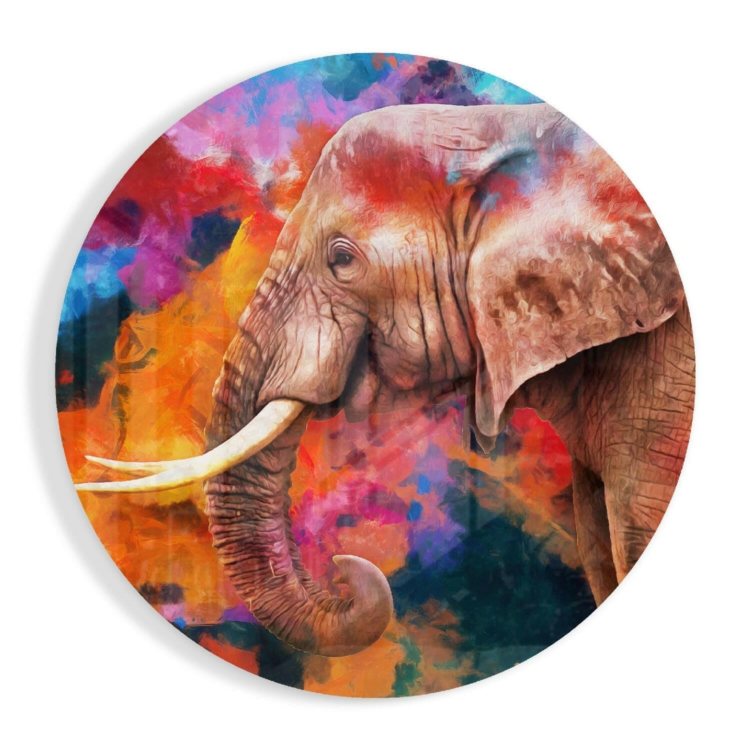 Ornamental elephant draped in decorative sash, vivid colors on tempered glass wall art