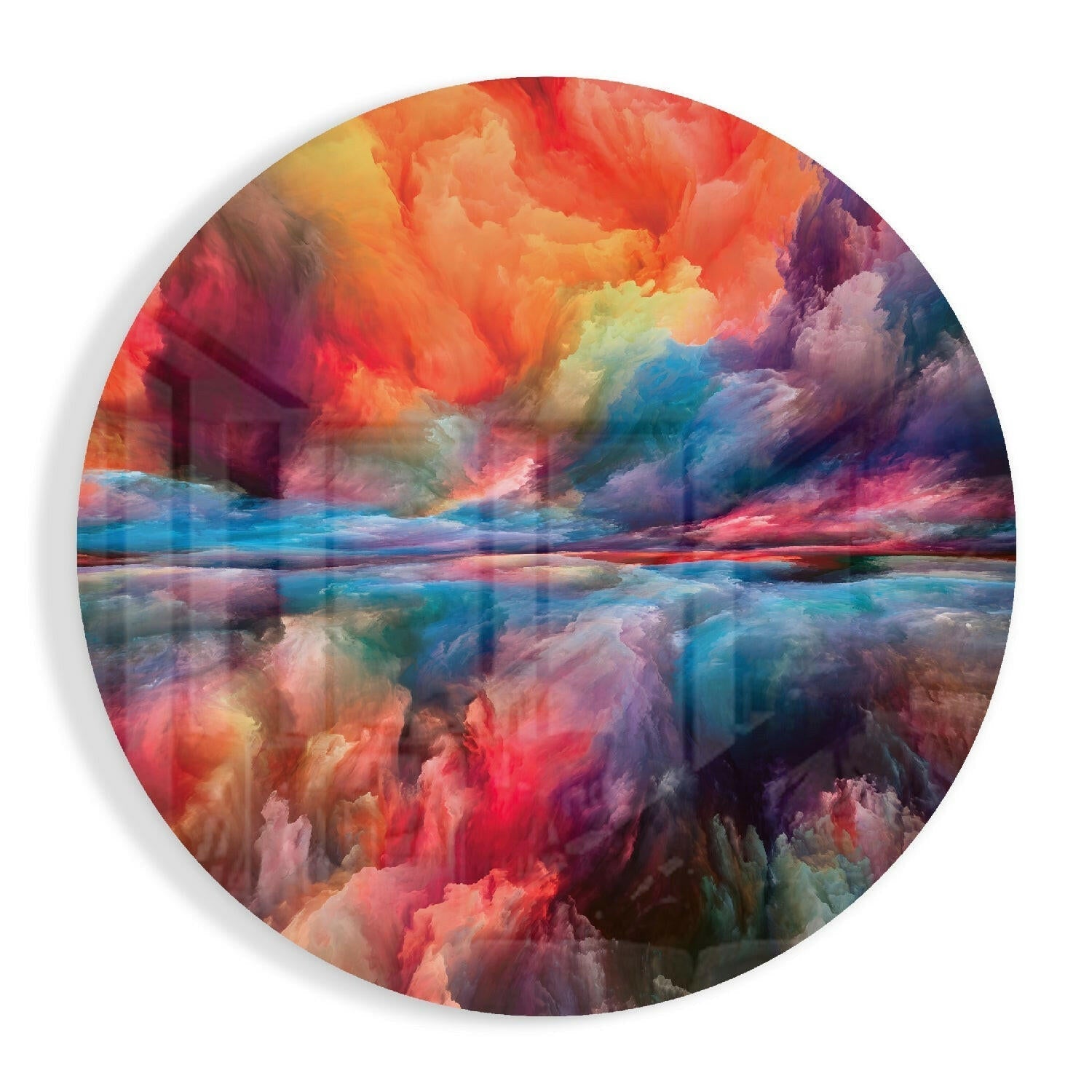 Orange blue cloud round glass wall art abstract design