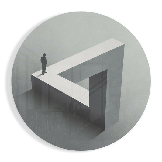 Round glass disc with a pale gray impossible triangle structure and a tiny lone figure standing at the top
