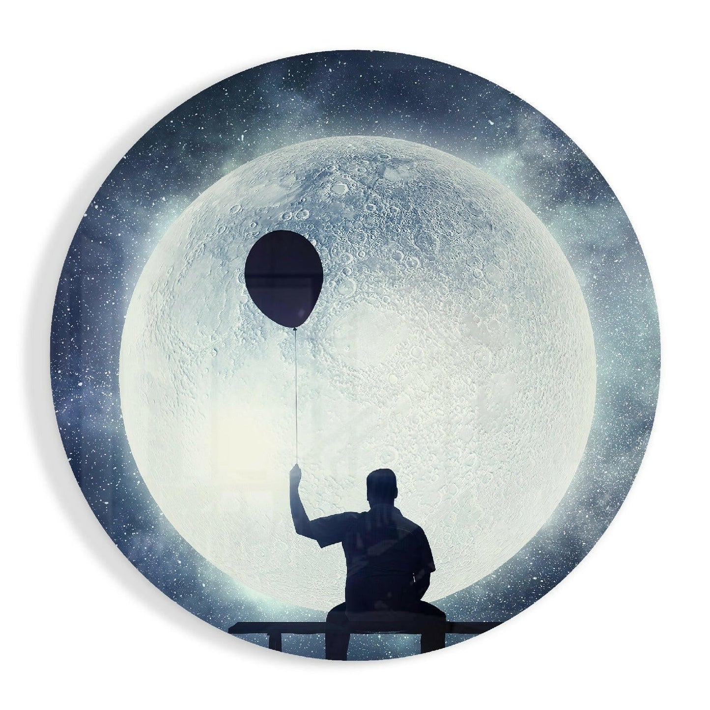 Balloon moonscape glass wall art with whimsical dreamy bench scene