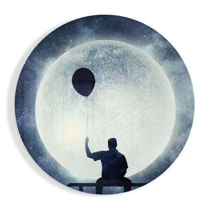 Balloon moonscape glass wall art with whimsical dreamy bench scene