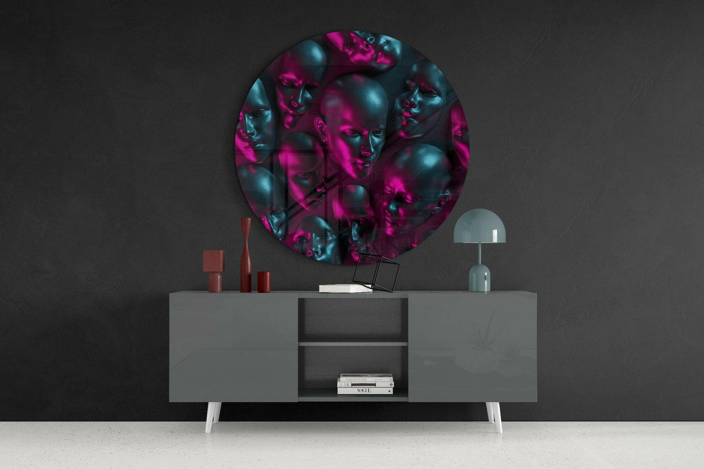Neon Pink Teal Mannequin Heads Glass Wall Art