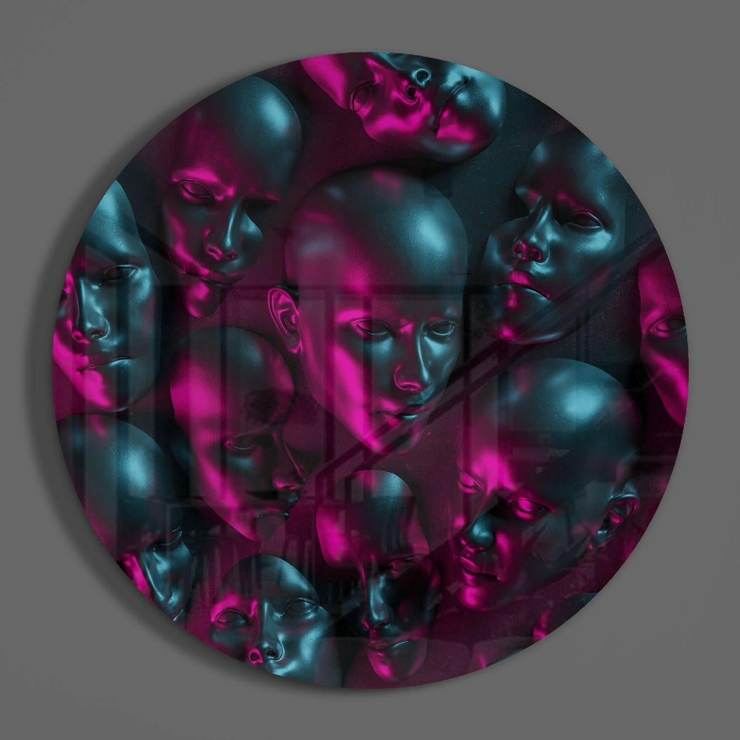 Neon Pink Teal Mannequin Heads Glass Wall Art