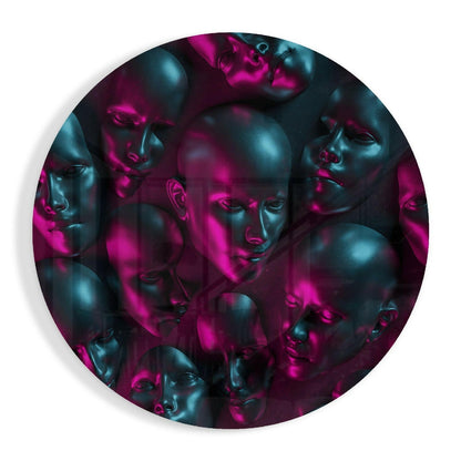 Neon pink teal mannequin heads glass wall art