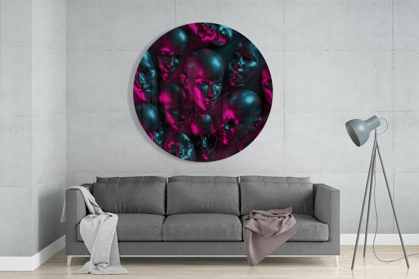 Neon Pink Teal Mannequin Heads Glass Wall Art
