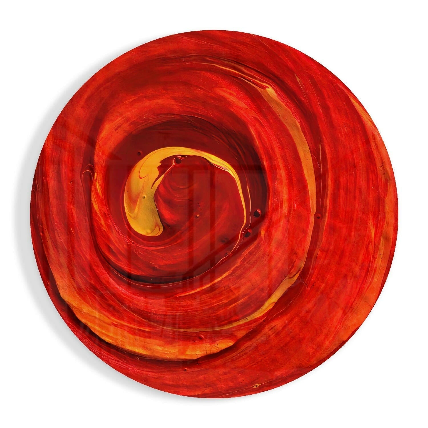 Red Cycle abstract glass wall art in bold warm red tones on high-gloss tempered glass
