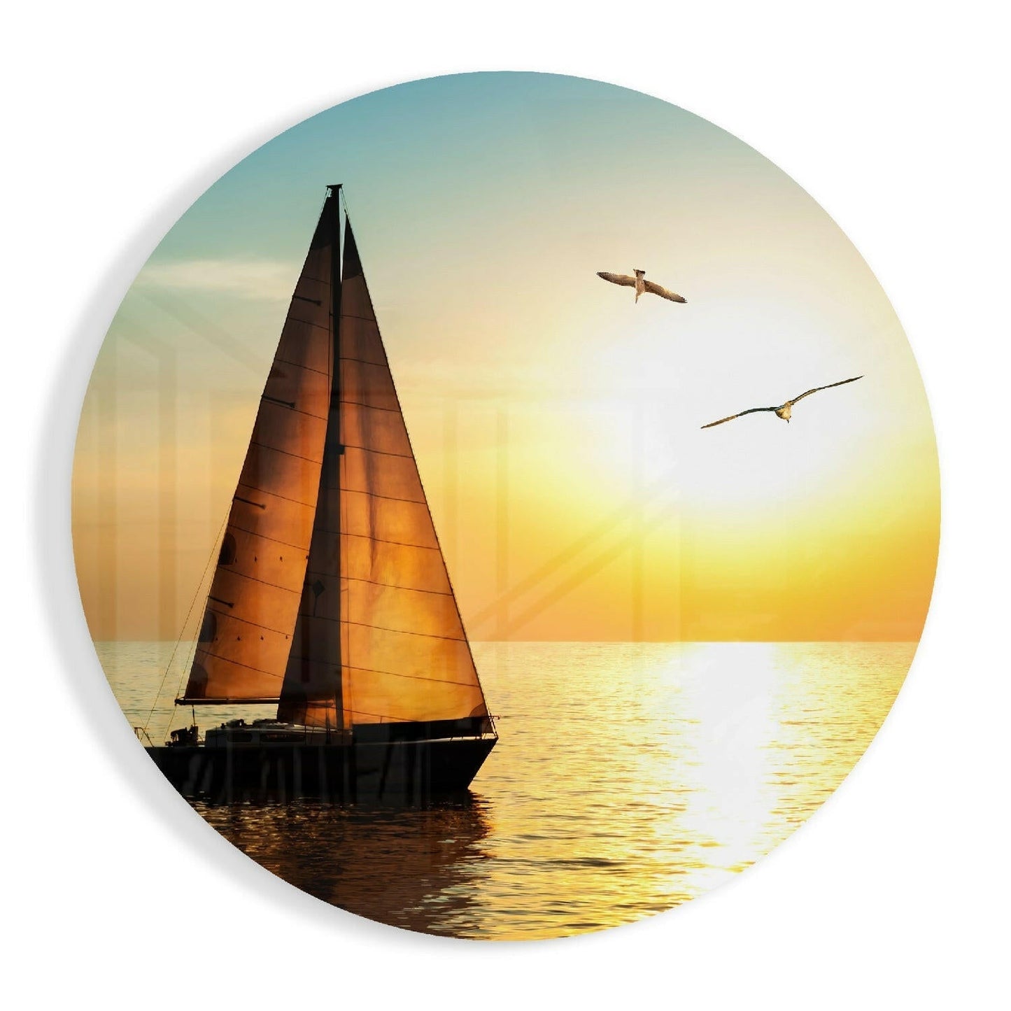 Sailboat sunset seascape glass wall art with amber golden light