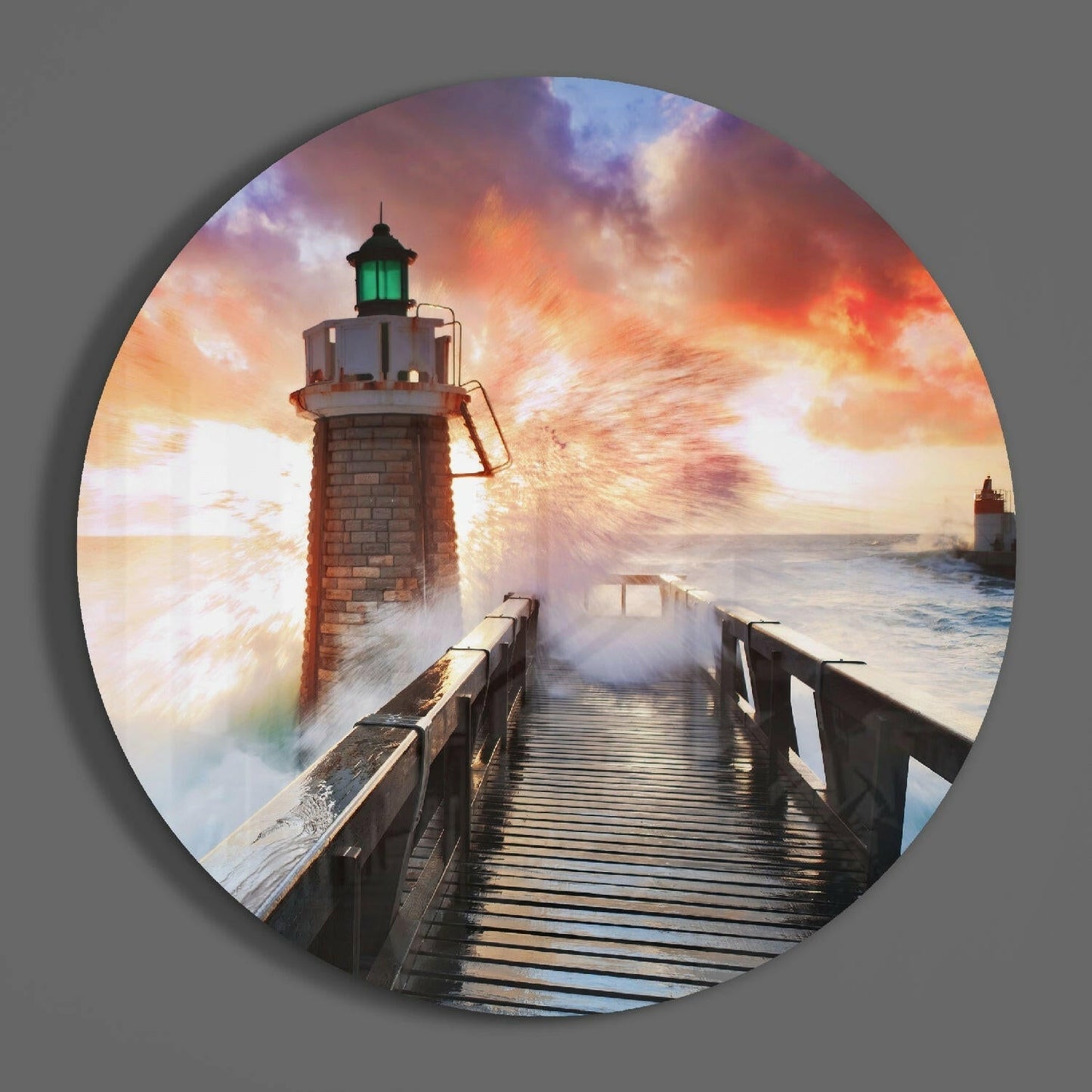 Splashing Sea Lighthouse Glass Wall Art