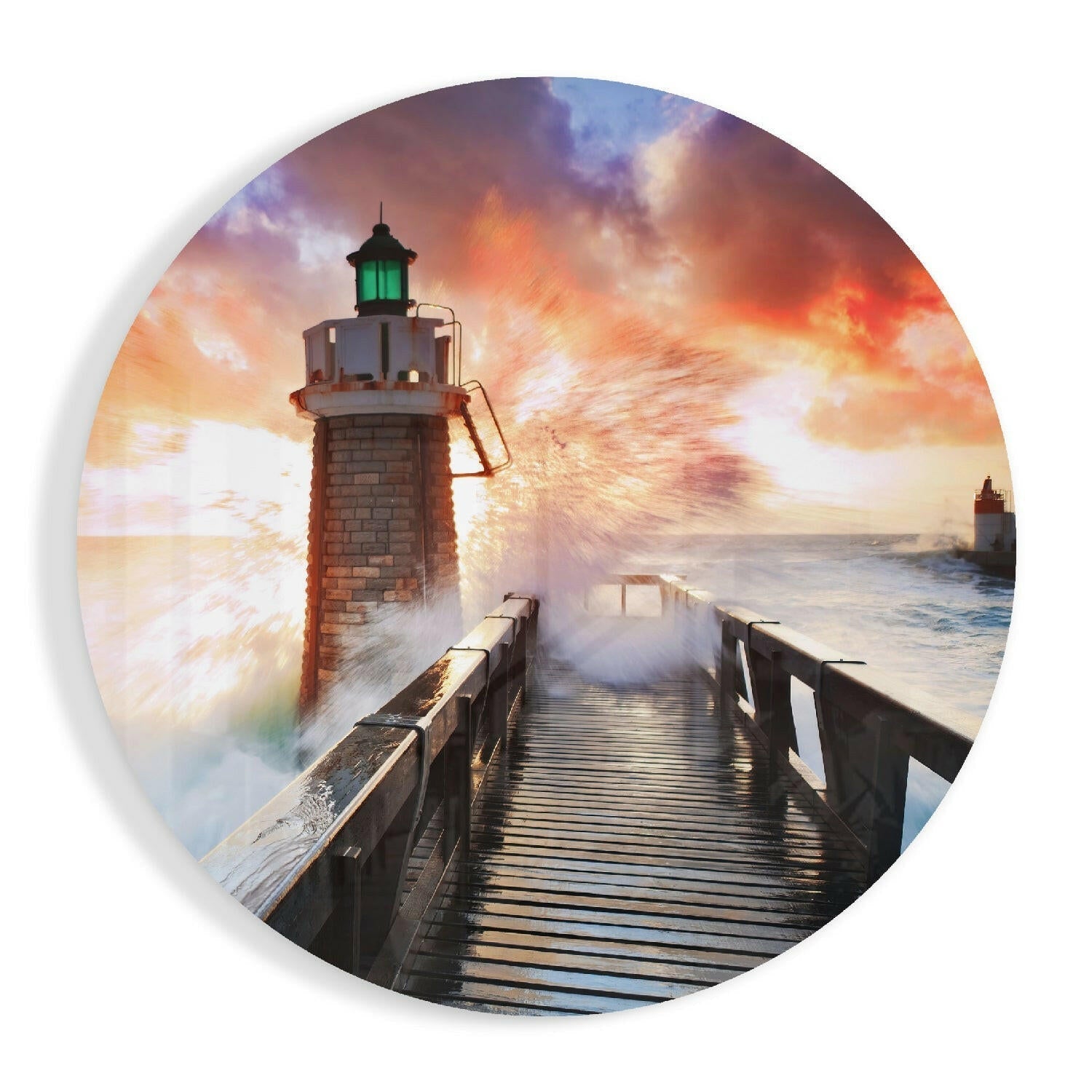 Splashing Sea Lighthouse glass wall art print in high-gloss tempered glass