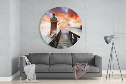 Splashing Sea Lighthouse Glass Wall Art