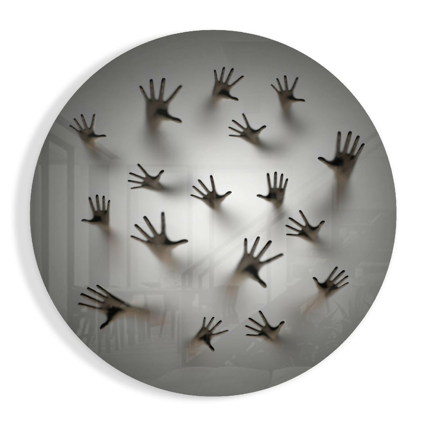 Ghost Hands Behind Screen glass wall art in high-gloss tempered glass