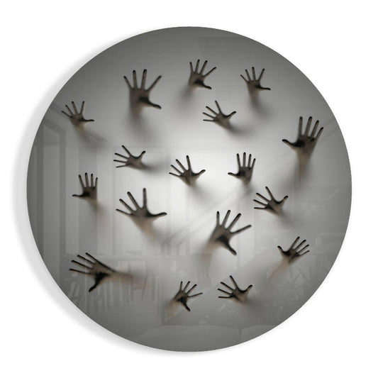 Ghost Hands Behind Screen glass wall art in high-gloss tempered glass