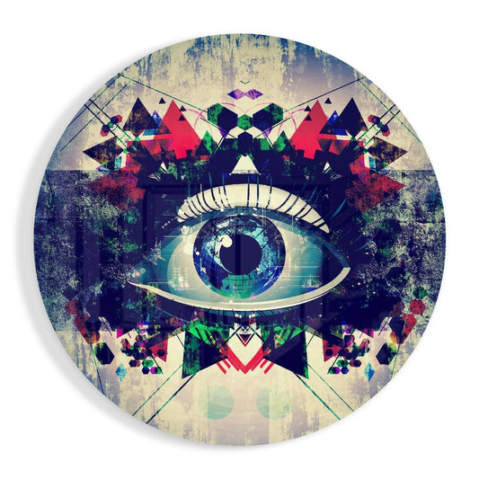 Blue Evil Eye mosaic glass wall art print in high-gloss tempered glass