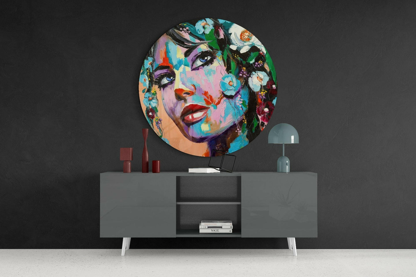 Blue-Eyed Woman in Floral Crown Glass Wall Art