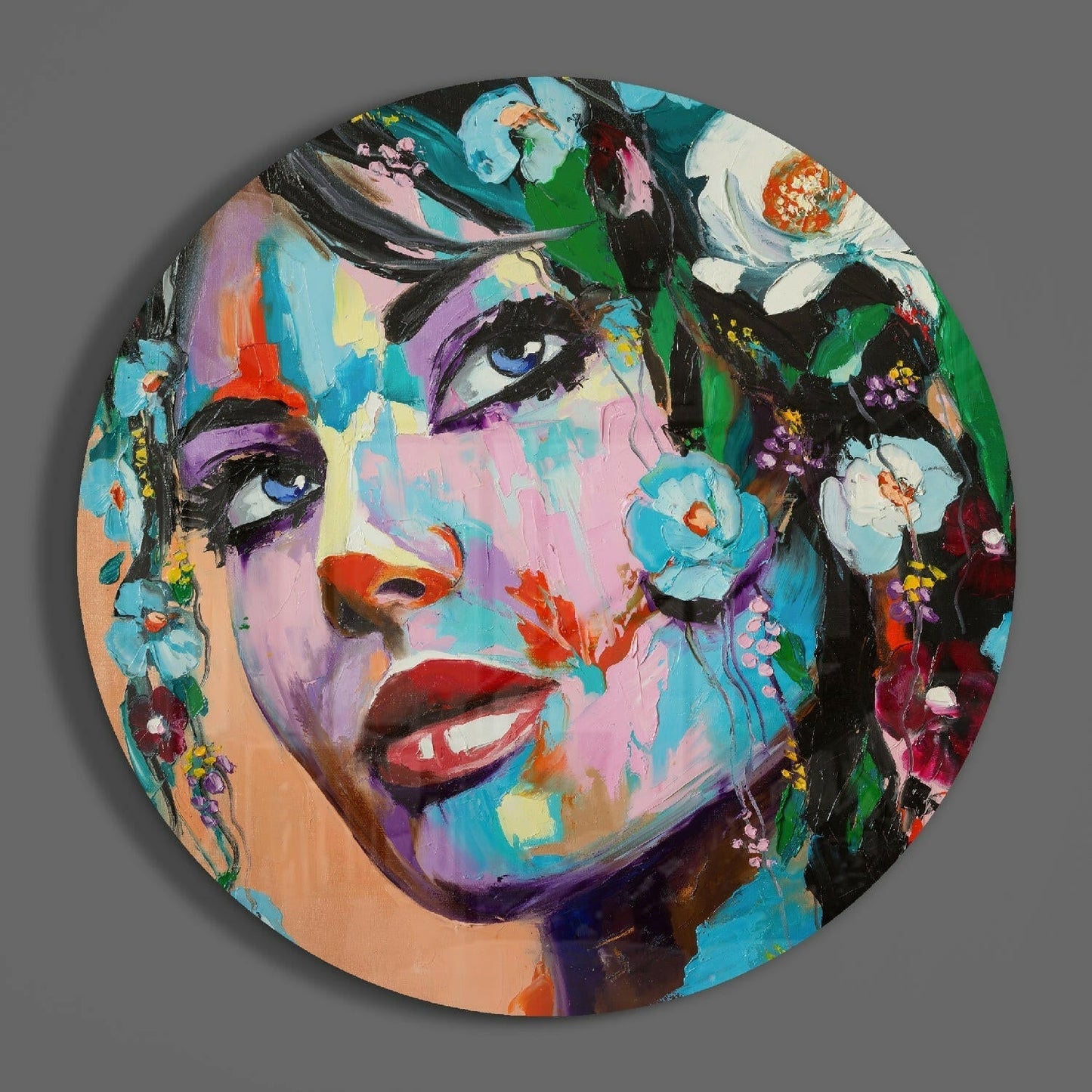 Blue-Eyed Woman in Floral Crown Glass Wall Art