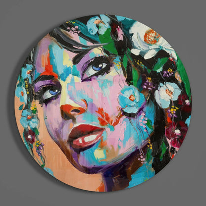 Blue-Eyed Woman in Floral Crown Glass Wall Art