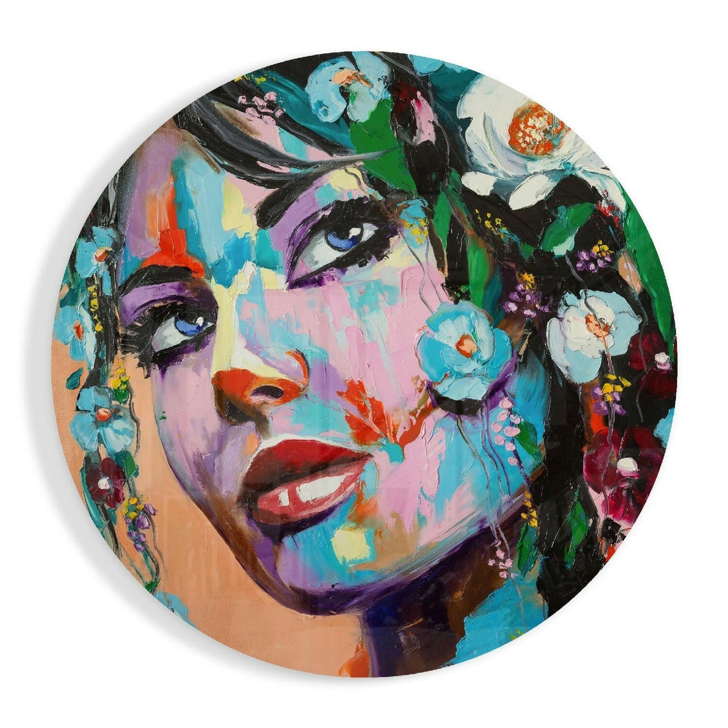 Blue-Eyed Woman in Floral Crown Glass Wall Art