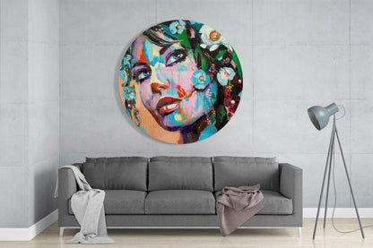 Blue-Eyed Woman in Floral Crown Glass Wall Art