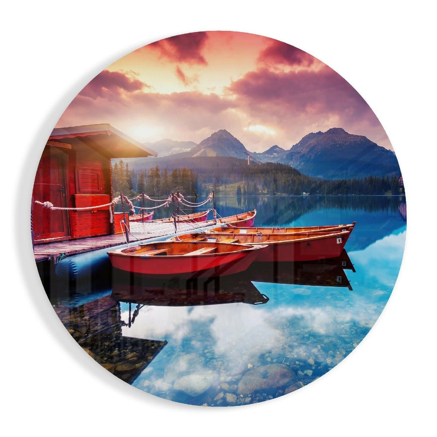 Red boats mountain lake sunrise glass wall art