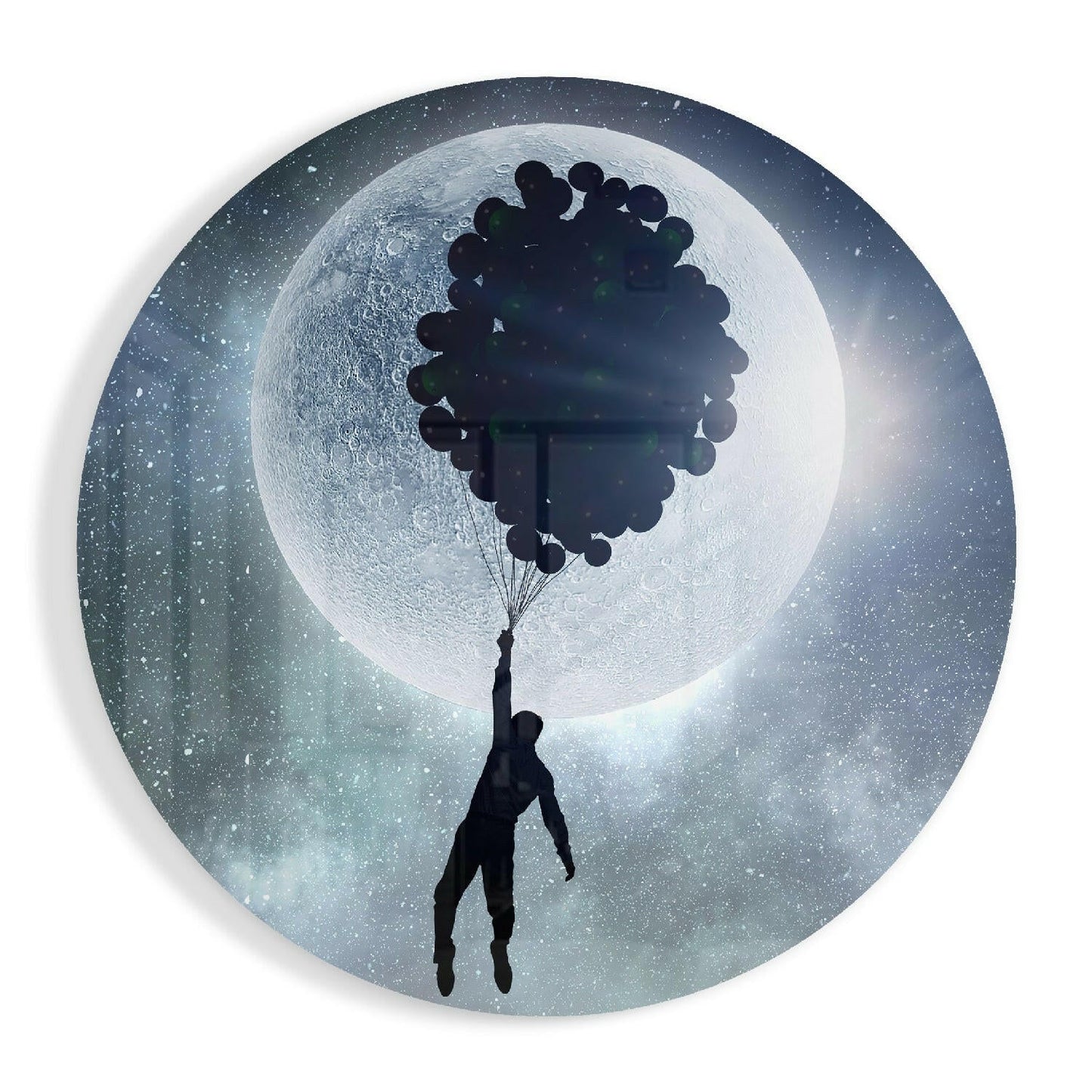 Moon Balloon Cluster Flight glass wall art print in high-gloss tempered glass