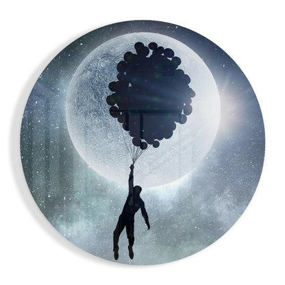 Moon Balloon Cluster Flight glass wall art print in high-gloss tempered glass