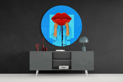 Red Lips Face Blue Pop Glass Wall Art