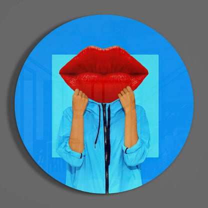 Red Lips Face Blue Pop Glass Wall Art
