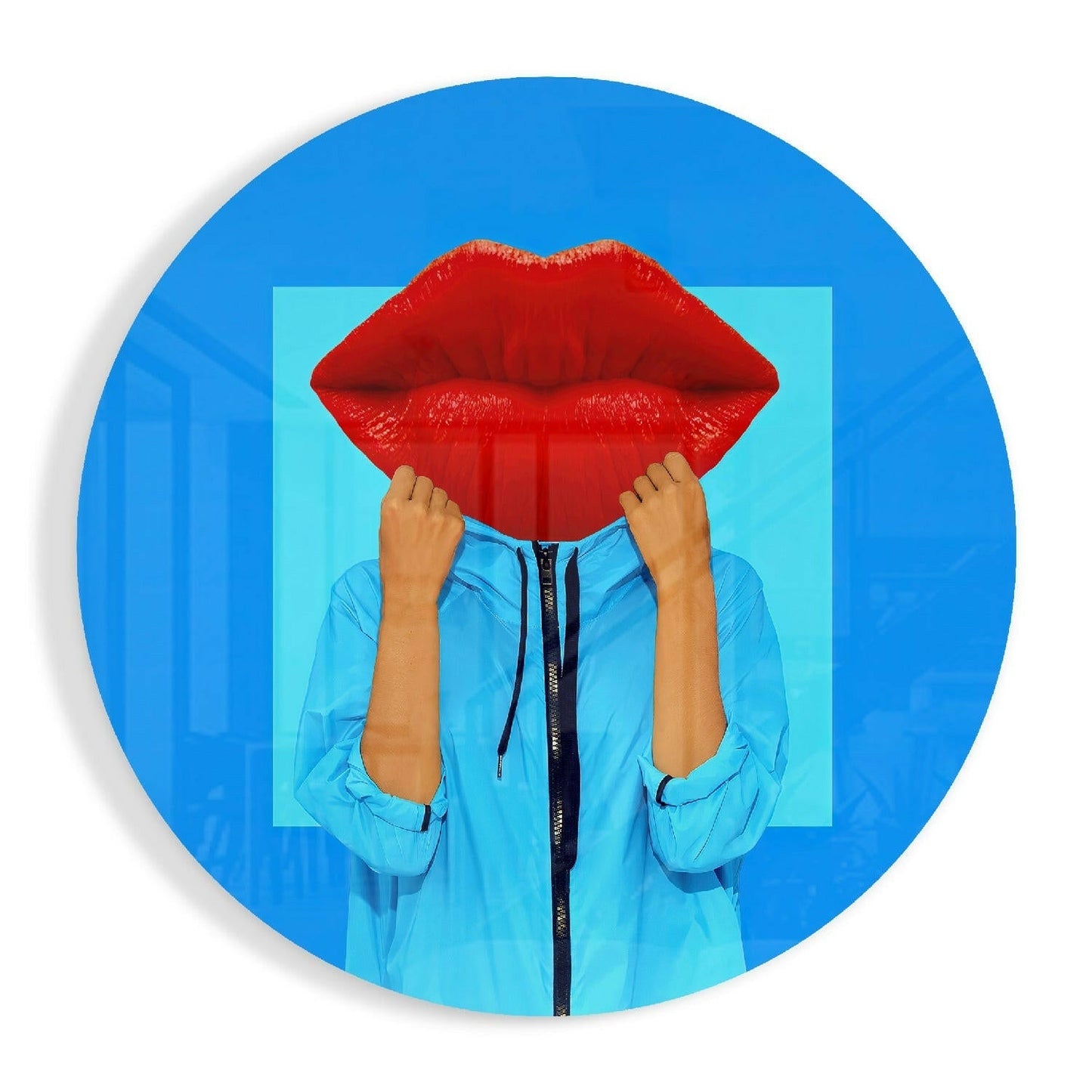 Red Lips Face Blue Pop glass wall art print in high-gloss tempered glass