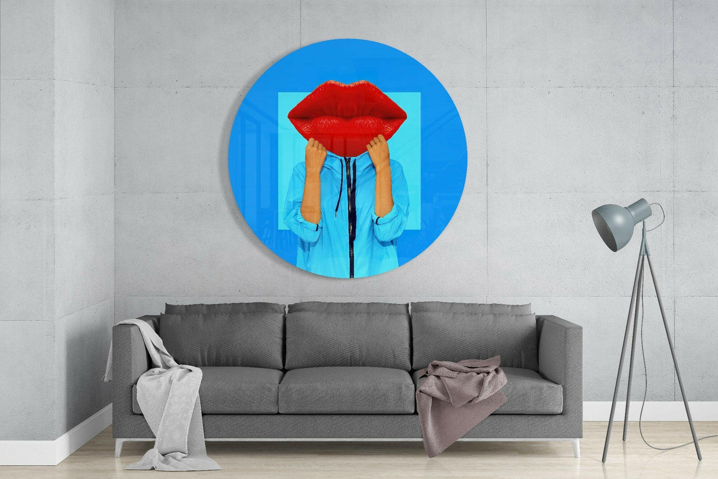 Red Lips Face Blue Pop Glass Wall Art