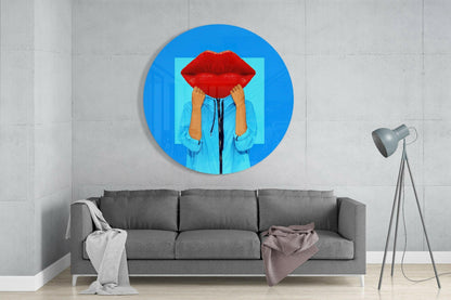 Red Lips Face Blue Pop Glass Wall Art