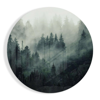 Misty Evergreen Forest glass wall art print in high-gloss tempered glass