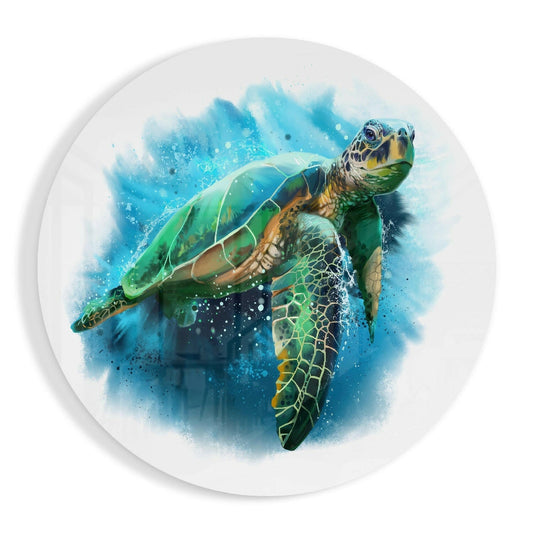 Sea Turtle Glass Wall Art - loggerhead turtle in blue water
