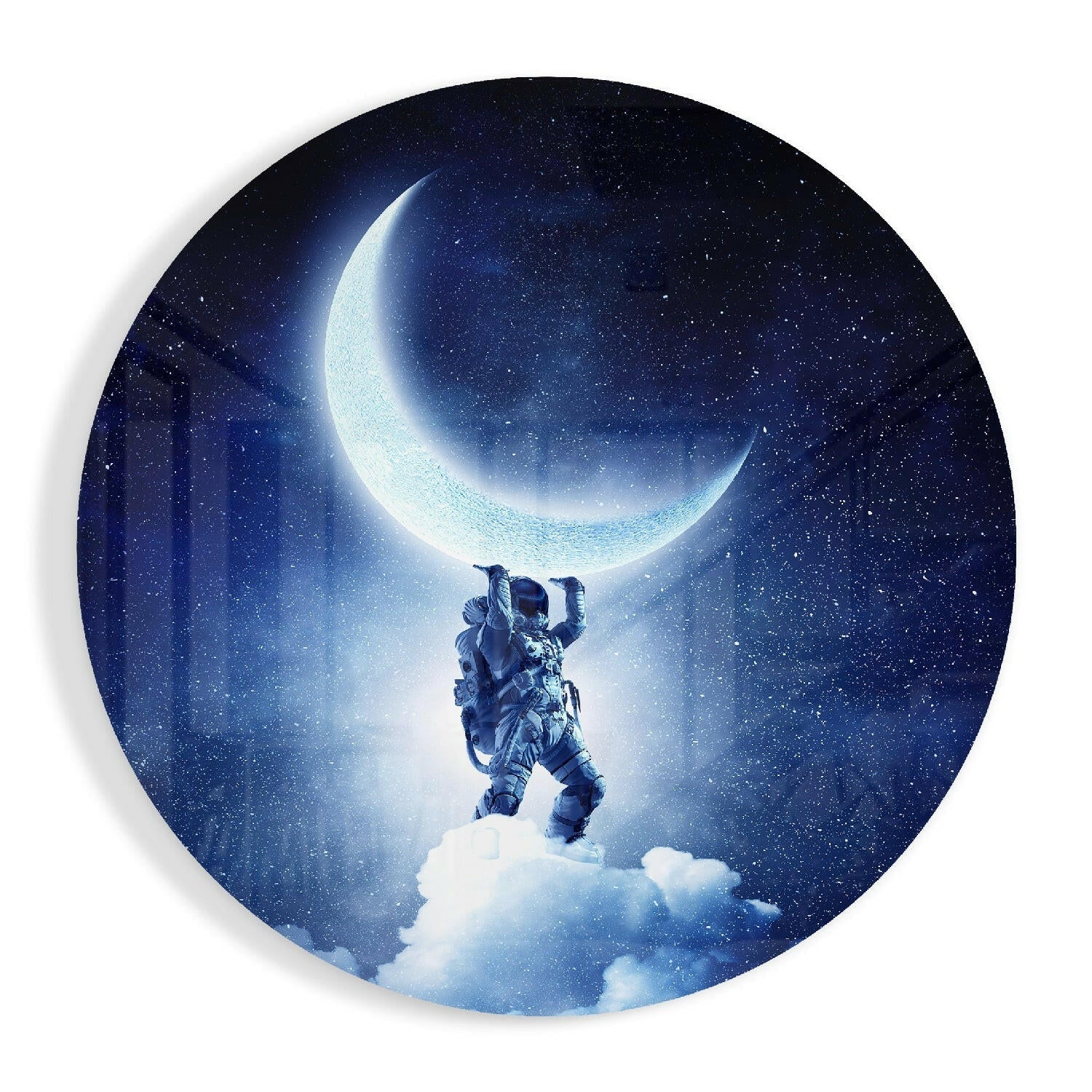 Astronaut crescent moon glass wall art with cosmic space scene