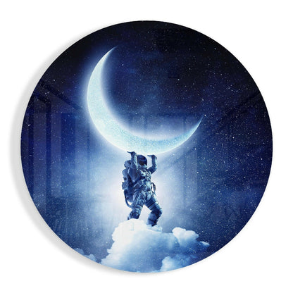 Astronaut crescent moon glass wall art with cosmic space scene