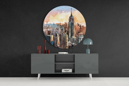 Watercolor Sunset Skyline New York Glass Wall Art