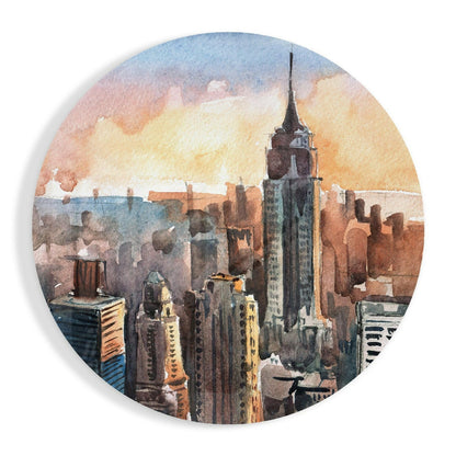 Watercolor Sunset Skyline New York glass wall art print in high-gloss tempered glass