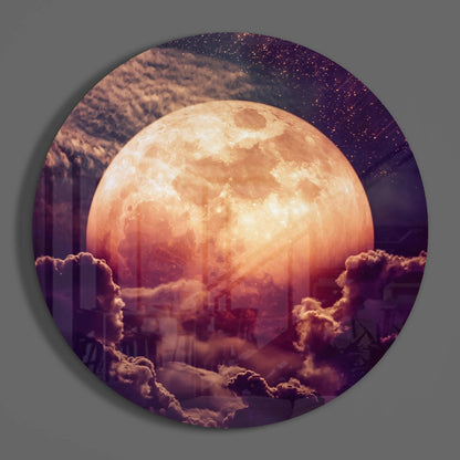 Glowing Moon in Purple Sky Glass Wall Art
