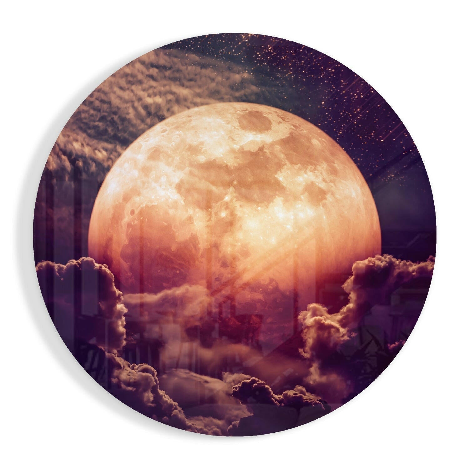 Glowing Moon in Purple Sky glass wall art in high-gloss tempered glass