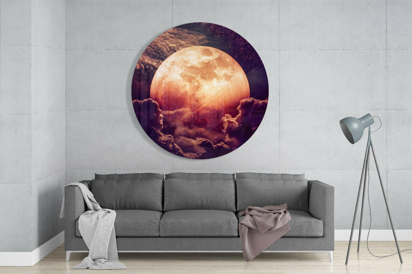 Glowing Moon in Purple Sky Glass Wall Art