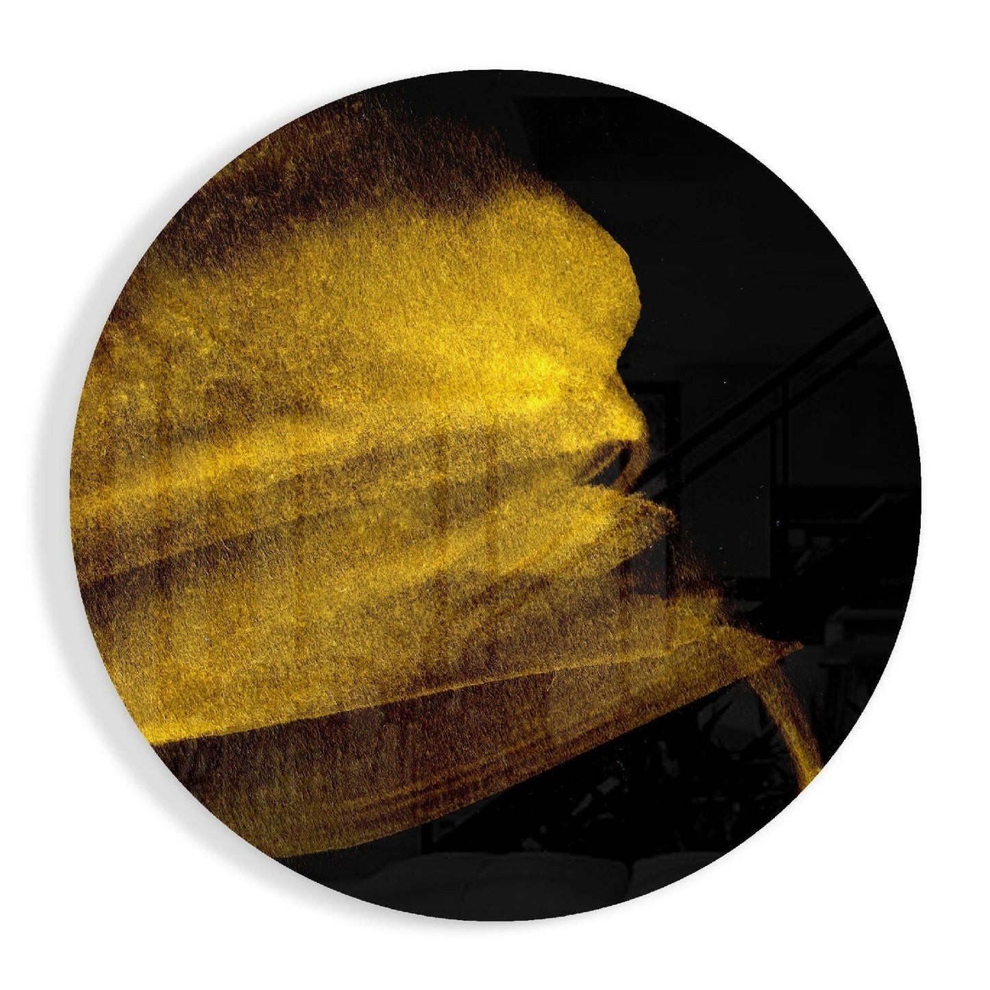 Yellow Abstract color field glass wall art hanging in a modern living room