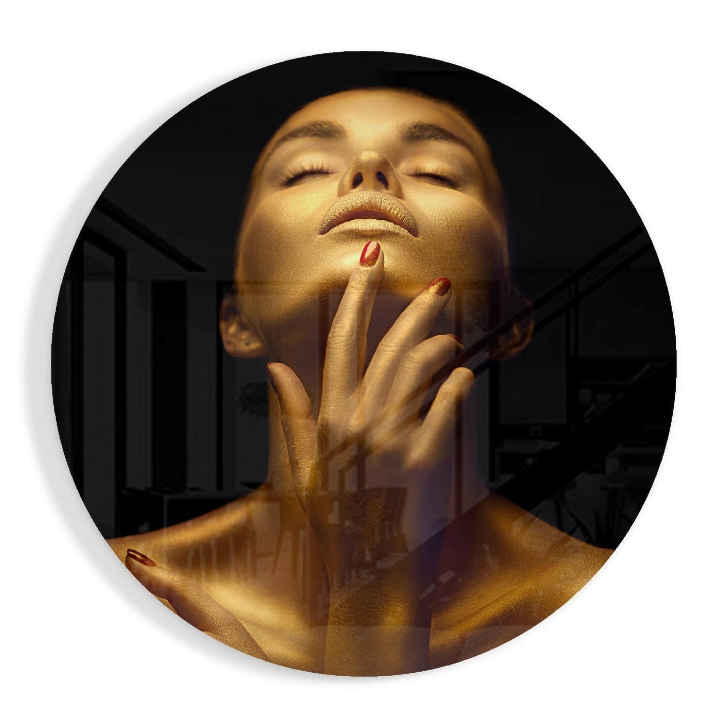 Golden Serenity Woman glass wall art print in high-gloss tempered glass