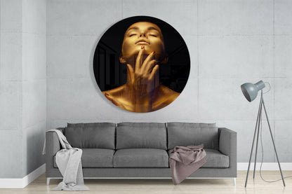 Golden Serenity Woman Glass Wall Art