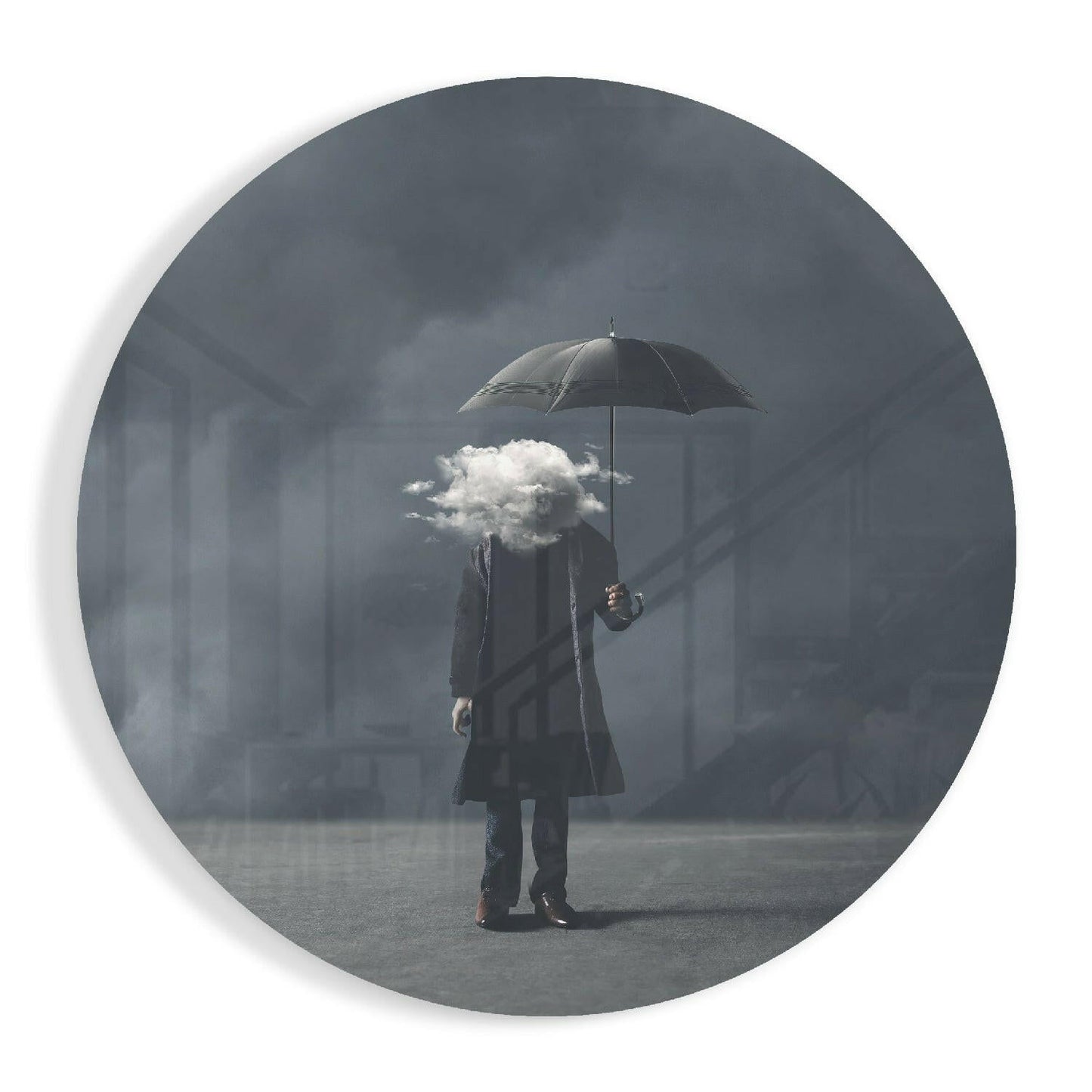 Cloud head surreal figure glass wall art in gray mist